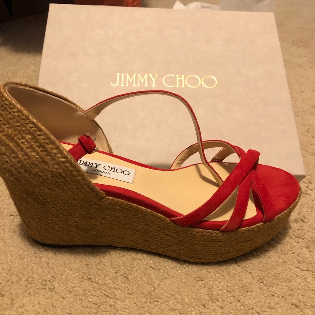 Jimmy Choo Red Espadrille Wedge Sandals